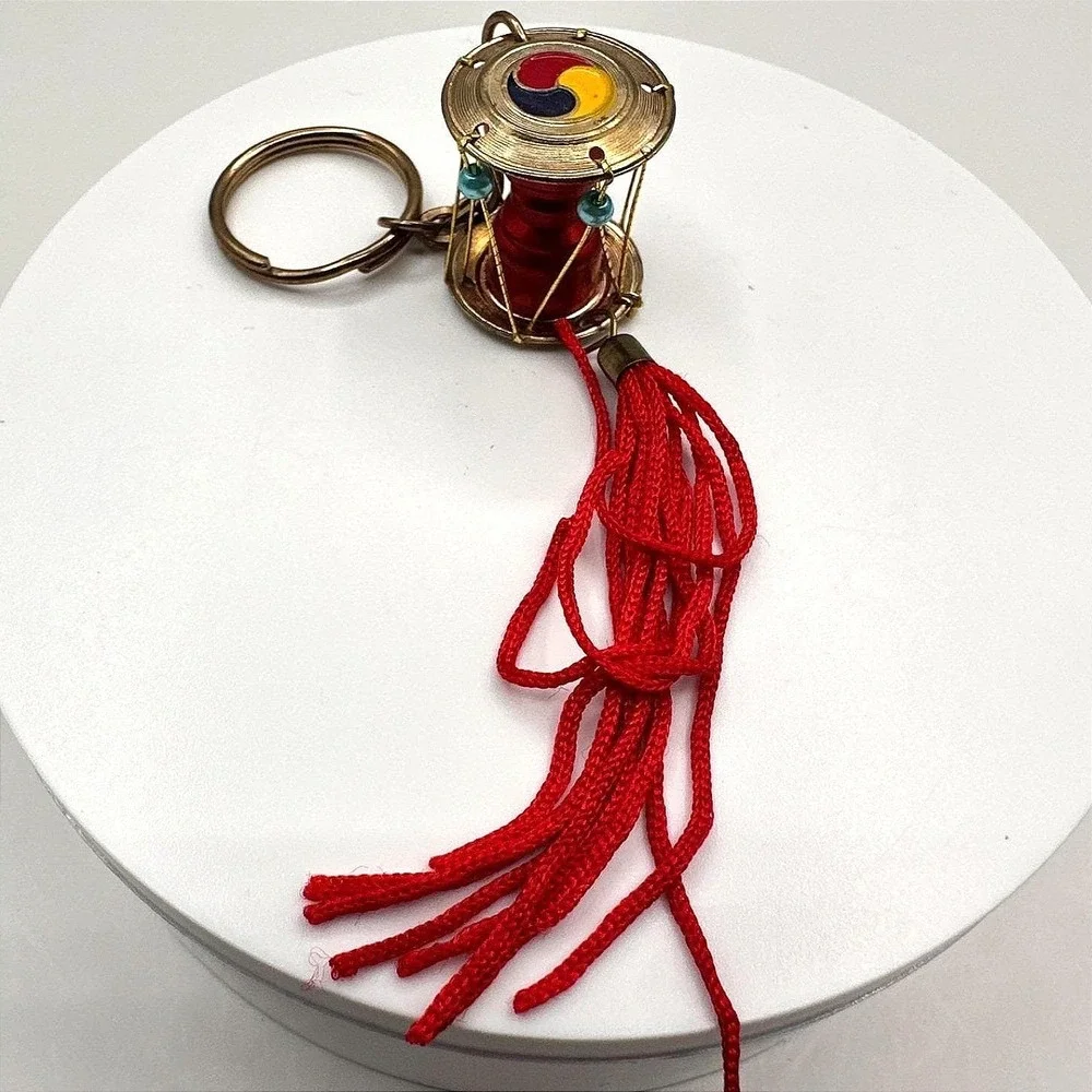 Vintage 90s‎ Korean Janggu Drum Keychain Red Tassel Blue Bead Traditional Style